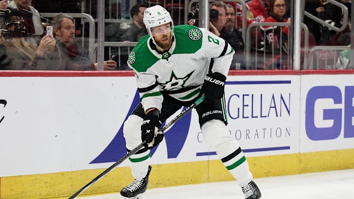 Jan 13, 2024; Chicago, Illinois, USA;  Dallas Stars defenseman Jani Hakanpaa (2) skates against the Chicago Blackhawks at United Center. Mandatory Credit: Jamie Sabau-Imagn Images