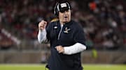 Sep 13, 2025; Stanford, California, USA; Boston College Eagles head coach Bill O'Brien gestures after a touchdown by running back Jordan McDonald (not shown) during the second quarter against the Stanford Cardinal at Stanford Stadium. Mandatory Credit: Darren Yamashita-Imagn Images