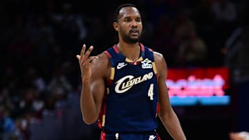 Nov 30, 2025; Cleveland, Ohio, USA; Cleveland Cavaliers center Evan Mobley (4) reacts after a three point basket during the second half against the Boston Celtics at Rocket Arena. Mandatory Credit: David Dermer-Imagn Images