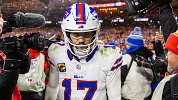 Jan 26, 2025; Kansas City, MO, USA; Buffalo Bills quarterback Josh Allen (17) reacts as he walks off the field after losing to the Kansas City Chiefs during the AFC Championship game at GEHA Field at Arrowhead Stadium. Mandatory Credit: Mark J. Rebilas-Imagn Images