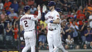 Aug 22, 2023; Houston, Texas, USA; Houston Astros right fielder Kyle Tucker (30) celebrates with third baseman Alex Bregman (2).