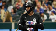 Jul 22, 2024; Arlington, Texas, USA; Chicago White Sox center fielder Luis Robert Jr. (88) reacts after striking out during the seventh inning against the Texas Rangers at Globe Life Field. Mandatory Credit: Raymond Carlin III-USA TODAY Sports