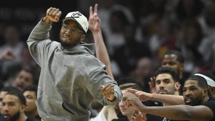 May 13, 2024; Cleveland, Ohio, USA; Cleveland Cavaliers guard Donovan Mitchell (45) celebrates in the second quarter of game four of the second round for the 2024 NBA playoffs against the Boston Celtics at Rocket Mortgage FieldHouse. Mandatory Credit: David Richard-USA TODAY Sports
