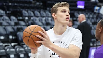 Nov 14, 2024; Salt Lake City, Utah, USA; Utah Jazz forward Lauri Markkanen (23) warms up before the game against the Dallas Mavericks at Delta Center. Mandatory Credit: Rob Gray-Imagn Images