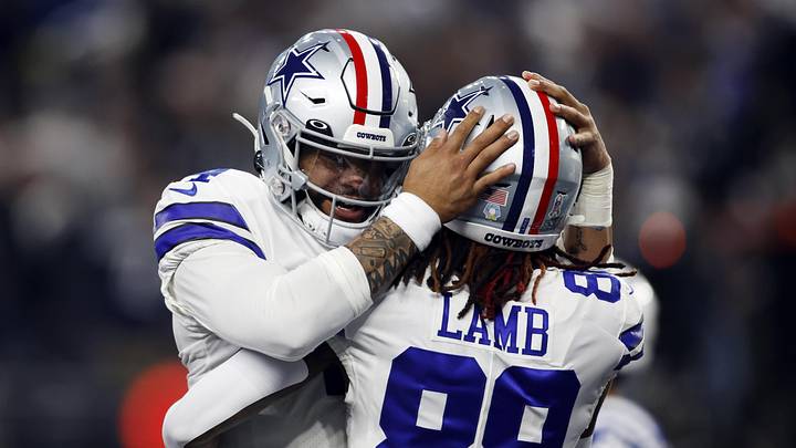 Dallas Cowboys wide receiver CeeDee Lamb is congratulated by Dak Prescott after a touchdown against the Indianapolis Colts