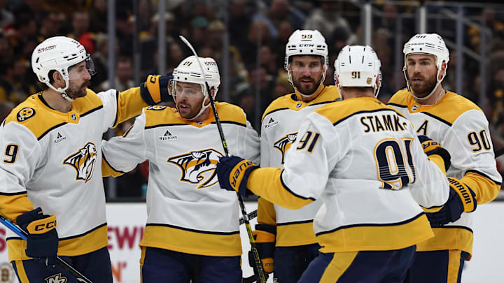 Jan 27, 2026; Boston, Massachusetts, USA; Nashville Predators defenseman Roman Josi (59) is surrounded by teammates (left to right) left wing Filip Forsberg (9), center Jonathan Marchessault (81), center Steven Stamkos (91) and center Ryan O'Reilly (90) after scoring on the power play against the Boston Bruins during the second period at TD Garden. Mandatory Credit: Winslow Townson-Imagn Images