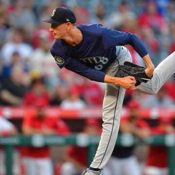 Seattle Mariners pitcher George Kirby throws against the Los Angeles Angels during a game Friday at Angel Stadium.