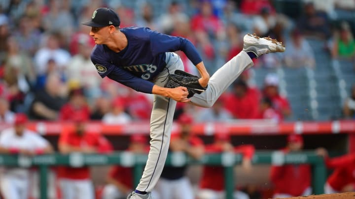 Seattle Mariners pitcher George Kirby throws against the Los Angeles Angels during a game Friday at Angel Stadium.