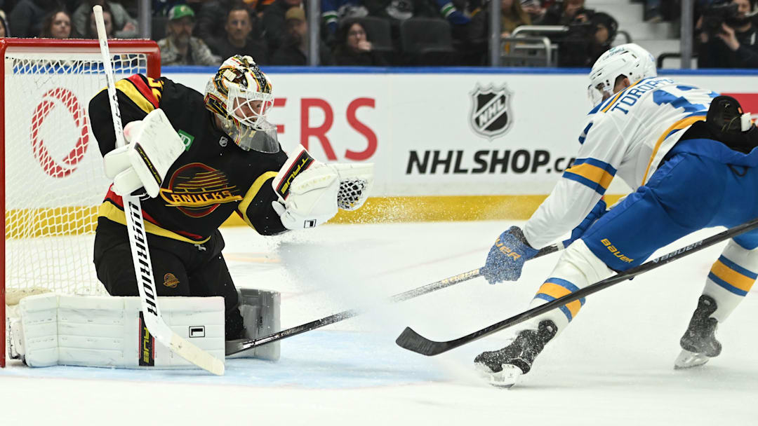 Mar 21, 2026; Vancouver, British Columbia, CAN;  St. Louis Blues right wing Alexey Toropchenko (13) shoots the puck against Vancouver Canucks goaltender Kevin Lankinen (32) during the third period at Rogers Arena. Mandatory Credit: Simon Fearn-Imagn Images