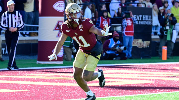 Nov 11, 2023; Chestnut Hill, Massachusetts, USA; Boston College Eagles wide receiver Lewis Bond (11) tracks a kick-off during the first half against the Virginia Tech Hokies at Alumni Stadium. Mandatory Credit: Eric Canha-USA TODAY Sports