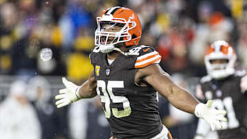Nov 21, 2024; Cleveland, Ohio, USA; Cleveland Browns defensive end Myles Garrett (95) celebrates a team fumble recovery against the Pittsburgh Steelers during the second quarter at Huntington Bank Field Stadium. Mandatory Credit: Scott Galvin-Imagn Images