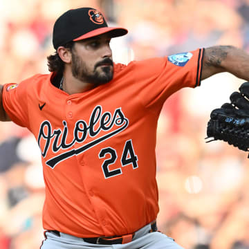 Aug 3, 2024; Cleveland, Ohio, USA; Baltimore Orioles starting pitcher Zach Eflin throws a pitch.