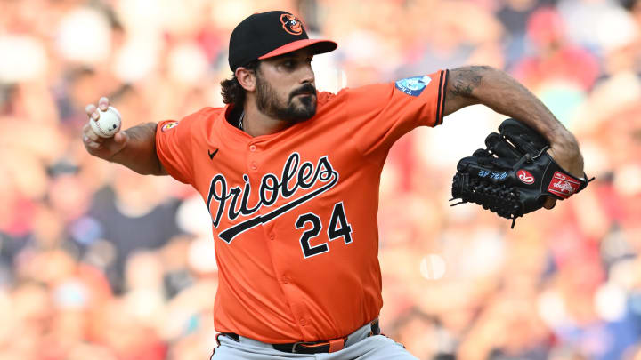 Aug 3, 2024; Cleveland, Ohio, USA; Baltimore Orioles starting pitcher Zach Eflin throws a pitch.