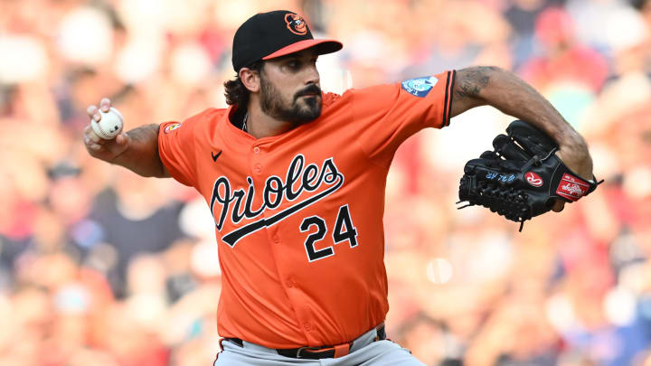 Aug 3, 2024; Cleveland, Ohio, USA; Baltimore Orioles starting pitcher Zach Eflin (24) throws a pitch during the first inning against the Cleveland Guardians at Progressive Field. 