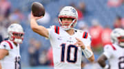 Oct 19, 2025; Nashville, Tennessee, USA; New England Patriots quarterback Drake Maye (10) warms up before the game between the New England Patriots and Tennessee Titans at Nissan Stadium. Mandatory Credit: Steve Roberts-Imagn Images