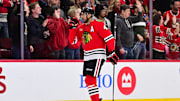 Feb 7, 2025; Chicago, Illinois, USA; Chicago Blackhawks defenseman Seth Jones (4) celebrates his goal against the Nashville Predators during the second period at the United Center. Mandatory Credit: Daniel Bartel-Imagn Images