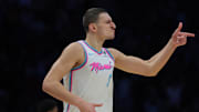 Jan 27, 2025; Miami, Florida, USA; Miami Heat forward Nikola Jovic (5) celebrates after scoring against the Orlando Magic during the fourth quarter at Kaseya Center. Mandatory Credit: Sam Navarro-Imagn Images