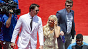 Jul 16, 2024; Arlington, Texas, USA; National League pitcher Paul Skenes of the Pittsburgh Pirates walks the red carpet with his girlfriend LSU gymnast Olivia Livvy Dunne before the 2024 MLB All-Star game at Globe Life Field. Mandatory Credit: Jerome Miron-Imagn Images