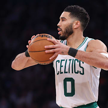 May 12, 2025; New York, New York, USA; Boston Celtics forward Jayson Tatum (0) looks to pass in the second half during game four of the second round for the 2025 NBA Playoffs against the New York Knicks at Madison Square Garden. Mandatory Credit: Vincent Carchietta-Imagn Images