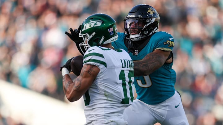 Dec 15, 2024; Jacksonville, Florida, USA; Jacksonville Jaguars safety Andre Cisco (5) breaks up a pas to Jacksonville Jaguars quarterback Mac Jones (10) in the fourth quarter at EverBank Stadium. Mandatory Credit: Nathan Ray Seebeck-Imagn Images Dec 15, 2024; Jacksonville, Florida, USA; Jacksonville Jaguars safety Andre Cisco (5) breaks up a pas to Jacksonville Jaguars quarterback Mac Jones (10) in the fourth quarter at EverBank Stadium. Mandatory Credit: Nathan Ray Seebeck-Imagn Images