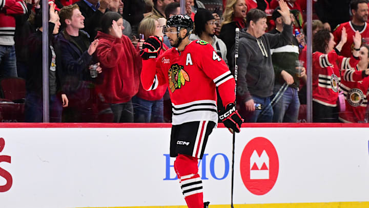 Feb 7, 2025; Chicago, Illinois, USA; Chicago Blackhawks defenseman Seth Jones (4) celebrates his goal against the Nashville Predators during the second period at the United Center. Mandatory Credit: Daniel Bartel-Imagn Images Feb 7, 2025; Chicago, Illinois, USA; Chicago Blackhawks defenseman Seth Jones (4) celebrates his goal against the Nashville Predators during the second period at the United Center. Mandatory Credit: Daniel Bartel-Imagn Images