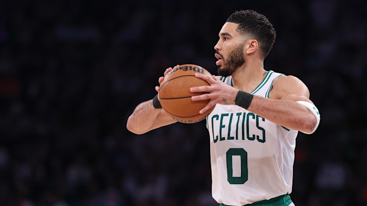 May 12, 2025; New York, New York, USA; Boston Celtics forward Jayson Tatum (0) looks to pass in the second half during game four of the second round for the 2025 NBA Playoffs against the New York Knicks at Madison Square Garden. Mandatory Credit: Vincent Carchietta-Imagn Images