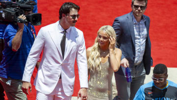Jul 16, 2024; Arlington, Texas, USA; National League pitcher Paul Skenes of the Pittsburgh Pirates walks the red carpet with his girlfriend LSU gymnast Olivia Livvy Dunne before the 2024 MLB All-Star game at Globe Life Field. Mandatory Credit: Jerome Miron-USA TODAY Sports