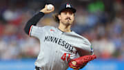 Sep 26, 2025; Philadelphia, Pennsylvania, USA; Minnesota Twins pitcher Joe Ryan (41) throws a pitch during the second inning against the Philadelphia Phillies at Citizens Bank Park. Mandatory Credit: Bill Streicher-Imagn Images