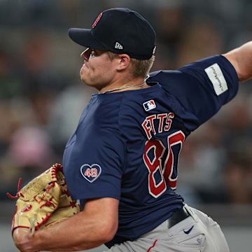 Sep 13, 2024; Bronx, New York, USA; Boston Red Sox relief pitcher Richard Fitts (80) delivers a pitch during the third inning against the New York Yankees at Yankee Stadium.