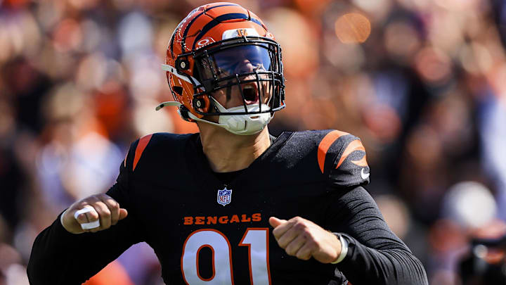 Oct 6, 2024; Cincinnati, Ohio, USA; Cincinnati Bengals defensive end Trey Hendrickson (91) runs onto the field before the game against the Baltimore Ravens at Paycor Stadium. Mandatory Credit: Katie Stratman-Imagn Images