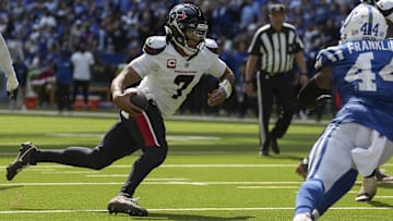 Sep 8, 2024; Indianapolis, Indiana, USA; Houston Texans quarterback C.J. Stroud (7) rushes toward the end zone Sunday, Sept. 8, 2024, during a game against the Indianapolis Colts at Lucas Oil Stadium. Mandatory Credit: Christine Tannous/USA TODAY Network via Imagn Images