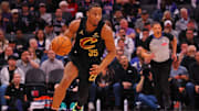 Mar 19, 2025; Sacramento, California, USA; Cleveland Cavaliers forward/guard Isaac Okoro (35) bring shoe ball down the court during the fourth quarter Sacramento Kings at Golden 1 Center. Mandatory Credit: Kelley L Cox-Imagn Images