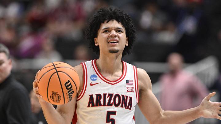 Mar 26, 2026; San Jose, CA, USA; Arizona Wildcats guard Brayden Burries (5) reacts after a play against the Arkansas Razorbacks in the first half during a Sweet Sixteen game of the West Regional of the men's 2026 NCAA Tournament at SAP Center. Mandatory Credit: Eakin Howard-Imagn Images