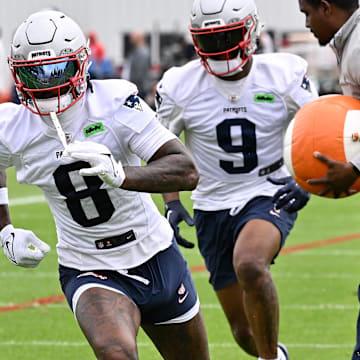 Jun 9, 2025; Foxborough, MA, USA; New England Patriots wide receiver Stefon Diggs (8) and wide receiver Kayshon Boutte (9) runs through a drill during minicamp at Gillette Stadium. Mandatory Credit: Eric Canha-Imagn Images