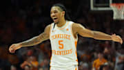 Tennessee's Zakai Zeigler (5) celebrating during the NCAA college basketball game against Missouri on Wednesday, Feb. 5, 2025, in Knoxville, Tenn.