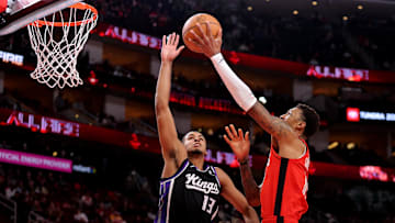 Dec 3, 2025; Houston, Texas, USA;Sacramento Kings forward Keegan Murray (13) blocks an inside shot by Houston Rockets forward Jabari Smith Jr. (10) during the first quarter at Toyota Center. Mandatory Credit: Erik Williams-Imagn Images