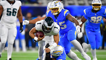 Jalen Hurts had trouble taking care of the football in a Monday night loss to the Chargers.