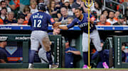 Sep 19, 2025; Houston, Texas, USA; Seattle Mariners first baseman Josh Naylor (12) is congratulated by Seattle Mariners center fielder Julio Rodriguez (44) after hitting a home run to right-center field against the Houston Astros during the eighth inning at Daikin Park. Mandatory Credit: Erik Williams-Imagn Images