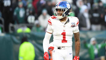 Jan 5, 2025; Philadelphia, Pennsylvania, USA; New York Giants wide receiver Malik Nabers (1) celebrates his 45-yard touchdown catch against the Philadelphia Eagles during the fourth quarter at Lincoln Financial Field. Mandatory Credit: Eric Hartline-Imagn Images