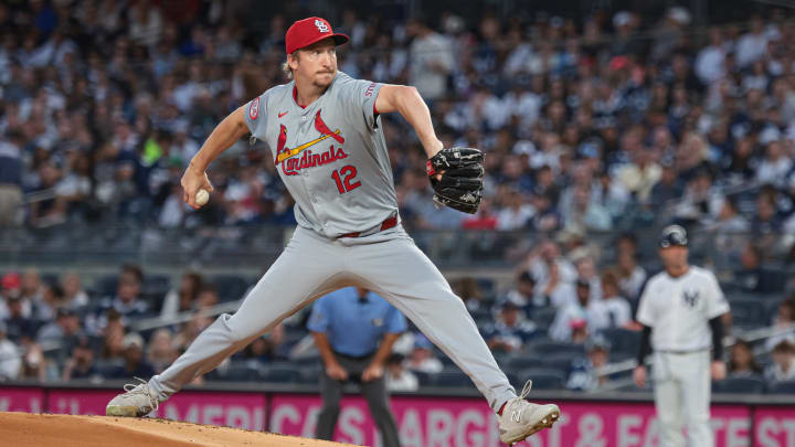 Aug 30, 2024; Bronx, New York, USA; St. Louis Cardinals starting pitcher Erick Fedde (12) delivers a pitch during the first inning against the New York Yankees at Yankee Stadium. Mandatory Credit: Vincent Carchietta-USA TODAY Sports