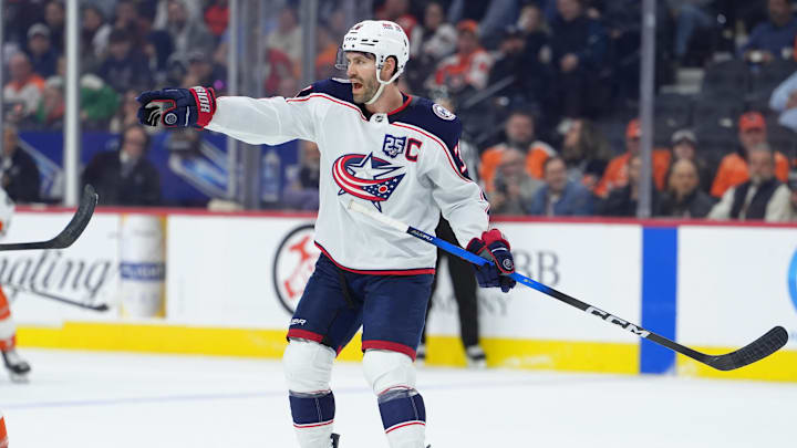 Mar 24, 2026; Philadelphia, Pennsylvania, USA; Columbus Blue Jackets center Boone Jenner (38) reacts against the Philadelphia Flyers in the second period at Xfinity Mobile Arena. Mandatory Credit: Kyle Ross-Imagn Images