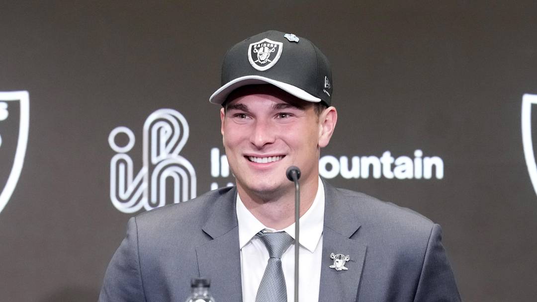 Apr 24, 2026; Henderson, NV, USA; Las Vegas Raiders quarterback Fernando Mendoza speaks at introductory press conference at Intermountain Health Performance Center after being selected as the No. 1 pick in the 2026 NFL Draft. Mandatory Credit: Kirby Lee-Imagn Images