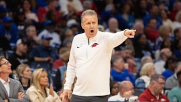 Oct 27, 2025; Memphis, TN, USA; Arkansas Razorbacks head coach John Calipari reacts against the Memphis Tigers during the second half at FedEx Forum. Mandatory Credit: Wesley Hale-Imagn Images