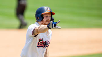 May 24, 2024; Charlotte, NC, USA; Virginia Cavaliers catcher Ethan Anderson (23) celebrates his home run in the seventh inning against the Florida State Seminoles during the ACC Baseball Tournament at Truist Field. Mandatory Credit: Scott Kinser-USA TODAY Sports