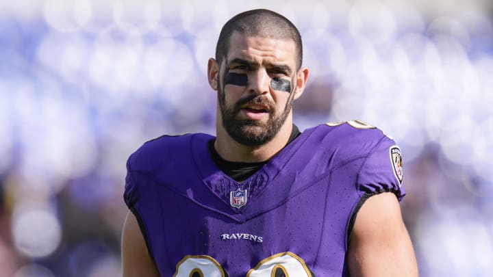 Nov 12, 2023; Baltimore, Maryland, USA;  Baltimore Ravens tight end Mark Andrews (89) looks on before a game against the Cleveland Browns at M&T Bank Stadium. Mandatory Credit: Jessica Rapfogel-USA TODAY Sports