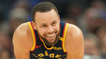 Jan 25, 2025; San Francisco, California, USA; Golden State Warriors guard Stephen Curry (30) smiles on the court during the second quarter against the Los Angeles Lakers at Chase Center. Mandatory Credit: Darren Yamashita-Imagn Images