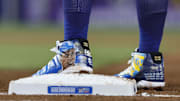 Apr 15, 2025; Miami, Florida, USA;  A general view of the shoes worn by Arizona Diamondbacks first baseman Josh Naylor (22) against the Miami Marlins during the sixth inning at loanDepot Park. All players wore #42 for Jackie Robinson Day.Mandatory Credit: Rhona Wise-Imagn Images Miami 