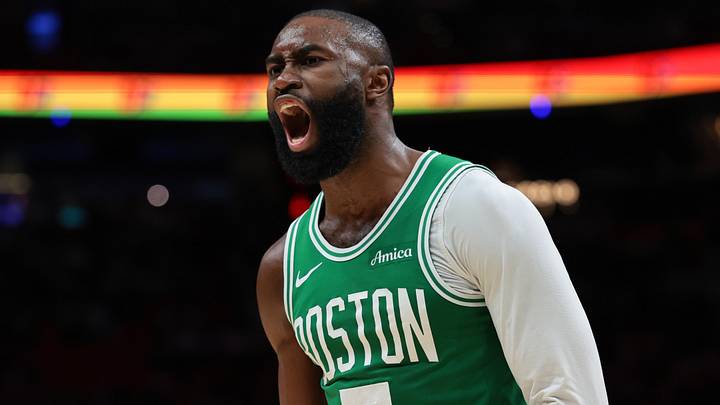 Apr 1, 2026; Miami, Florida, USA; Boston Celtics guard Jaylen Brown (7) reacts against the Miami Heat during the third quarter at Kaseya Center. Mandatory Credit: Sam Navarro-Imagn Images