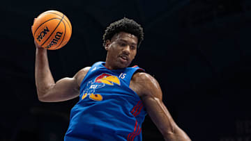 Kansas men's basketball's Bryson Tiller (15) rebounds the ball during Late Night in the Phog, Friday, Oct. 17, 2025 at Allen Fieldhouse .