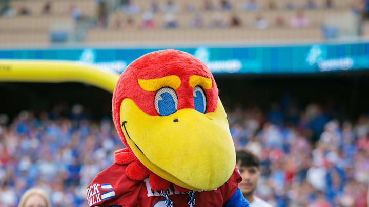 Aug 29, 2025; Lawrence, Kansas, USA; Kansas Jayhawks mascot little Jay on the sidelines during the first half against the Wagner Seahawks at David Booth Kansas Memorial Stadium. Mandatory Credit: William Purnell-Imagn Images